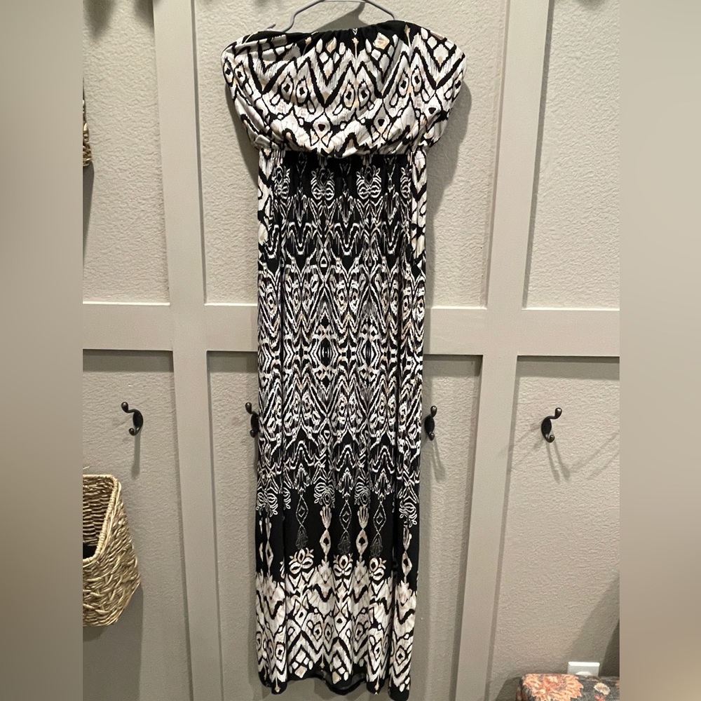 Elegant Tribal Boho Print Black, Tan and White Strapless Maxi Dress